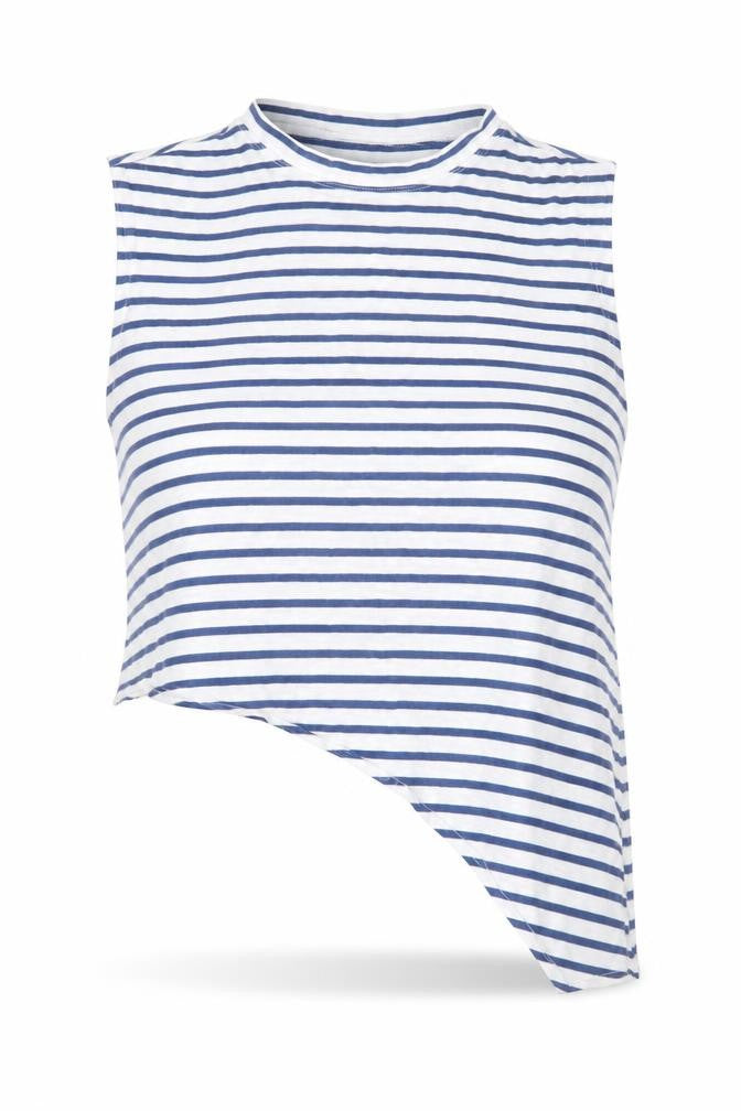 Whistles Women's Blue Striped Asymmetric Sleeveless Cotton Tank Top Size S