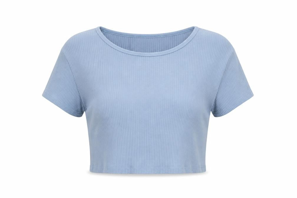 Uniqlo Women Blue Ribbed Cropped T-Shirt Size L
