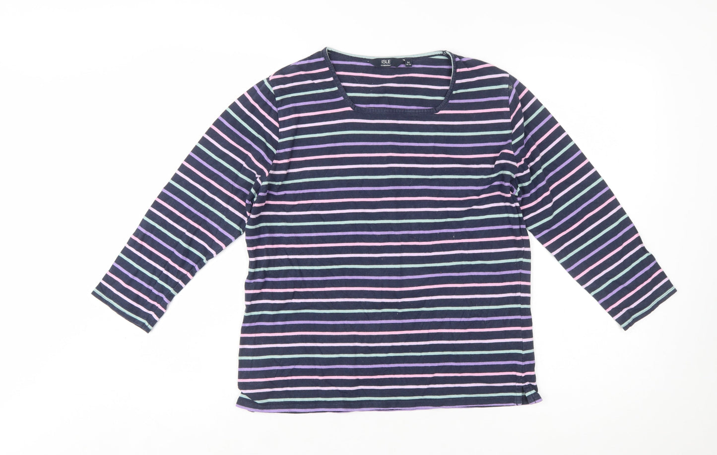 Isle Essentials Womens Multicoloured Striped Cotton 3/4 Sleeve Top Size 14