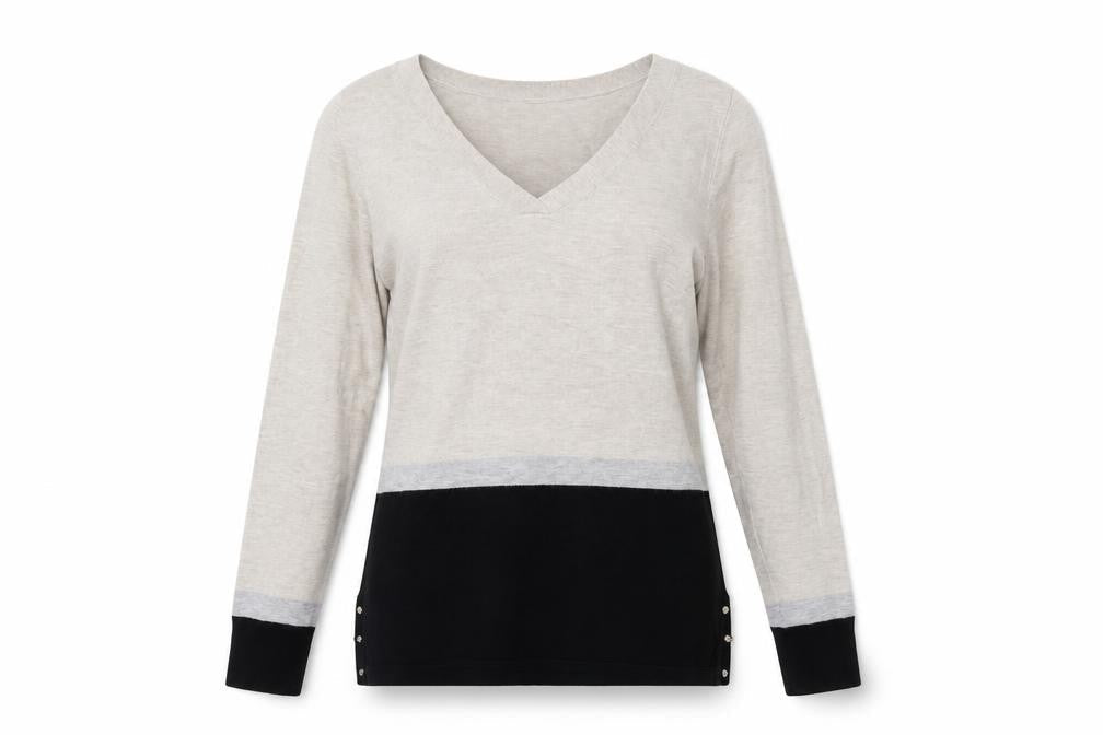 White House Black Market Womens Beige Black XS V-Neck Long Sleeve Pullover Jumper