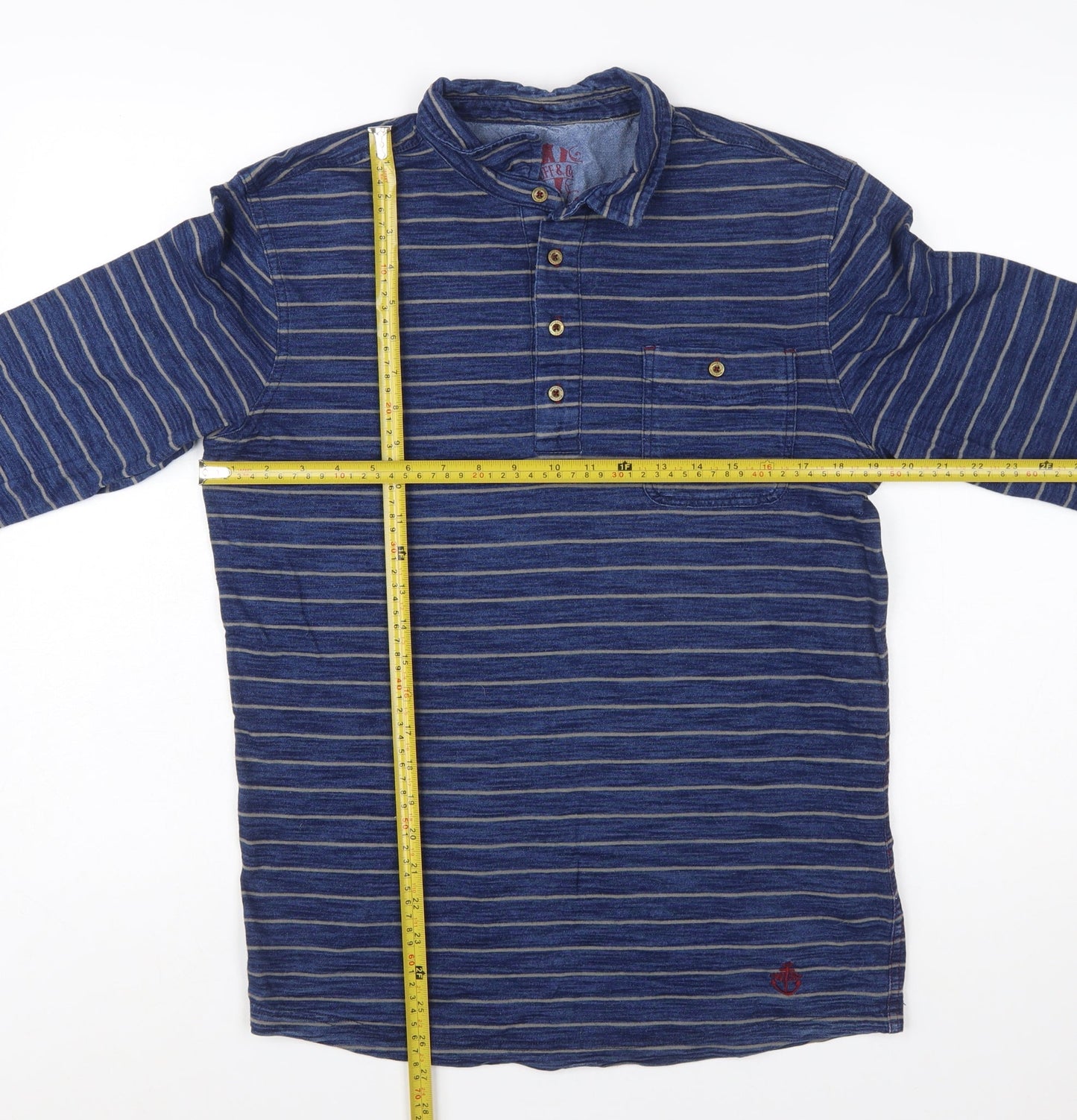 White Stuff Men's Blue Striped Long Sleeve Polo Shirt Size S
