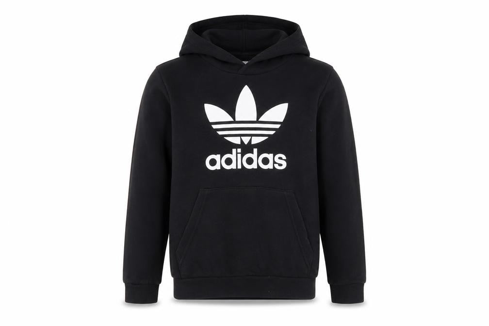 Front view of Adidas boys’ black pullover hoodie 10-11 years cotton blend trefoil logo