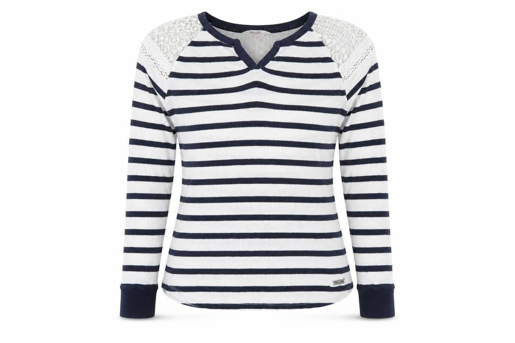 Palmer Heritage Womens Blue White Striped Lace Long Sleeve T-Shirt Size 10