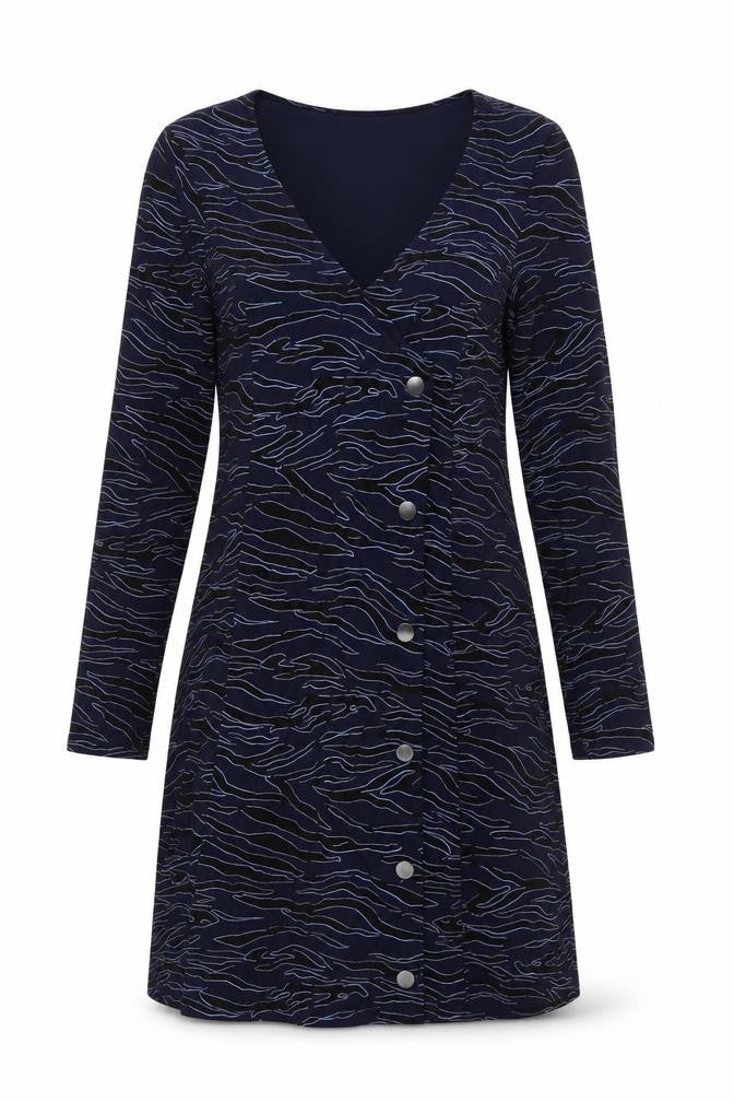Front view of Red Herring women’s blue animal print button down shift dress, size UK 10