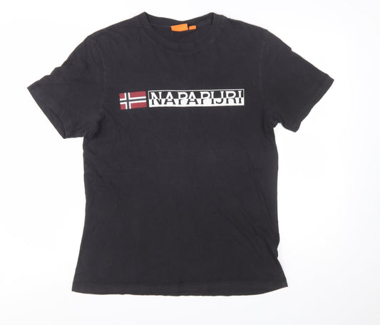 Napapijri Men Black Regular Fit Logo Graphic Cotton T-Shirt Size S