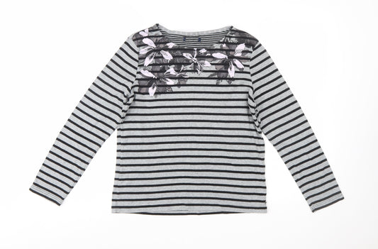 Maine Women's Grey Striped Floral Cotton Long Sleeve T-Shirt Size 14