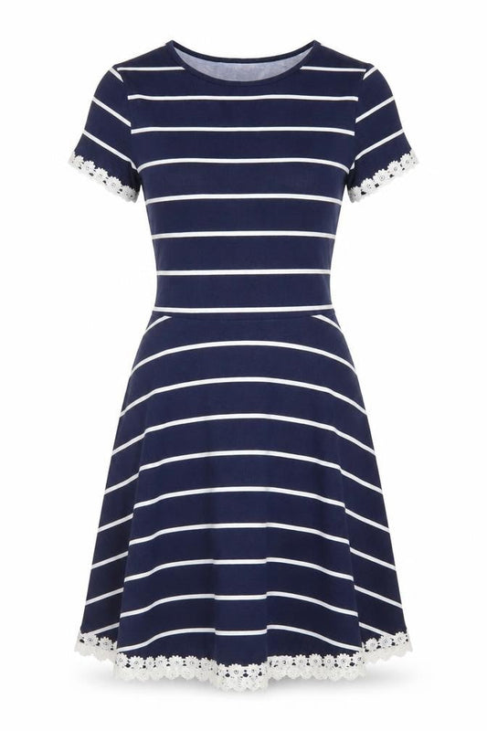 Front view of Dorothy Perkins Women Blue Striped Fit & Flare Dress UK 10