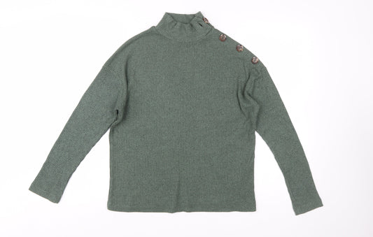 Stradivarius Women’s Green Mock Neck Button Ribbed Knit Jumper Size 8