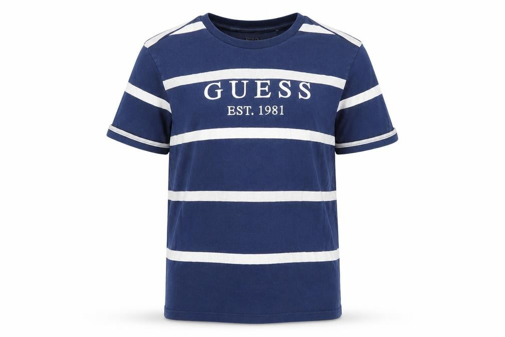 Guess Men's Blue White Striped Cotton Logo T-Shirt Size S Regular Fit