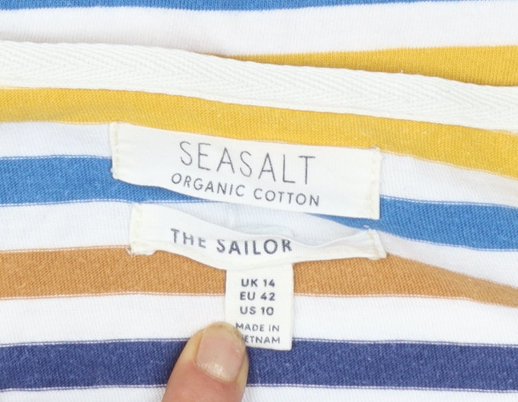 Seasalt Women’s Multicoloured Striped 3/4 Sleeve Cotton T-Shirt UK 14