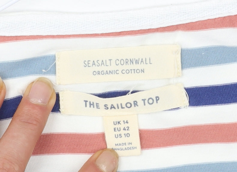 Seasalt Cornwall Womens Multicoloured Stripe Boat Neck 3/4 Sleeve Cotton Top Size 14