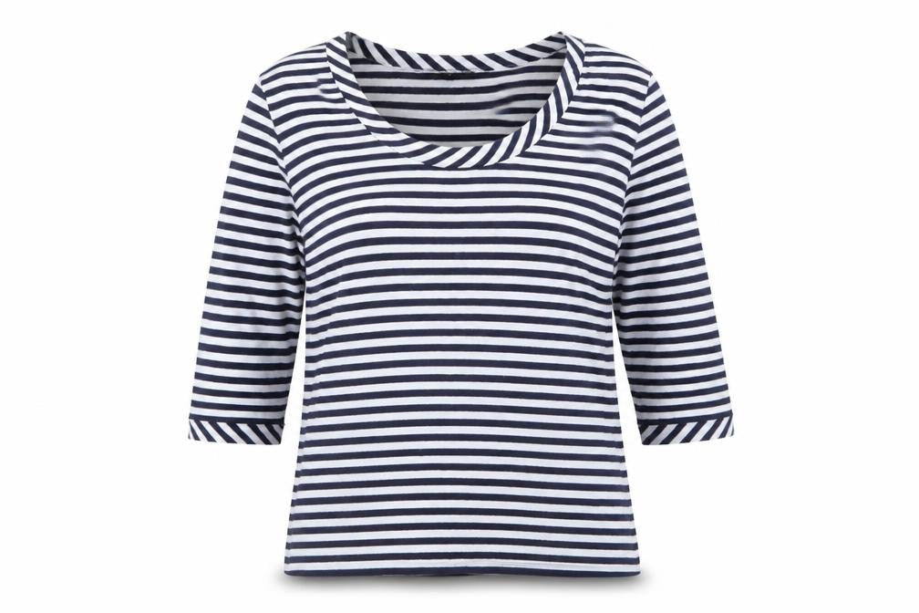 Front view of Jaeger women’s blue striped 3/4 sleeve scoop neck jersey top xl
