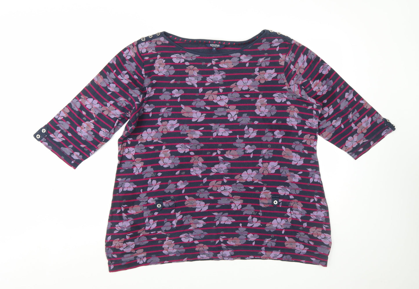 Maine New England Women's Multicoloured Floral Stripe 3/4 Sleeve Cotton Jersey T-Shirt Size 20