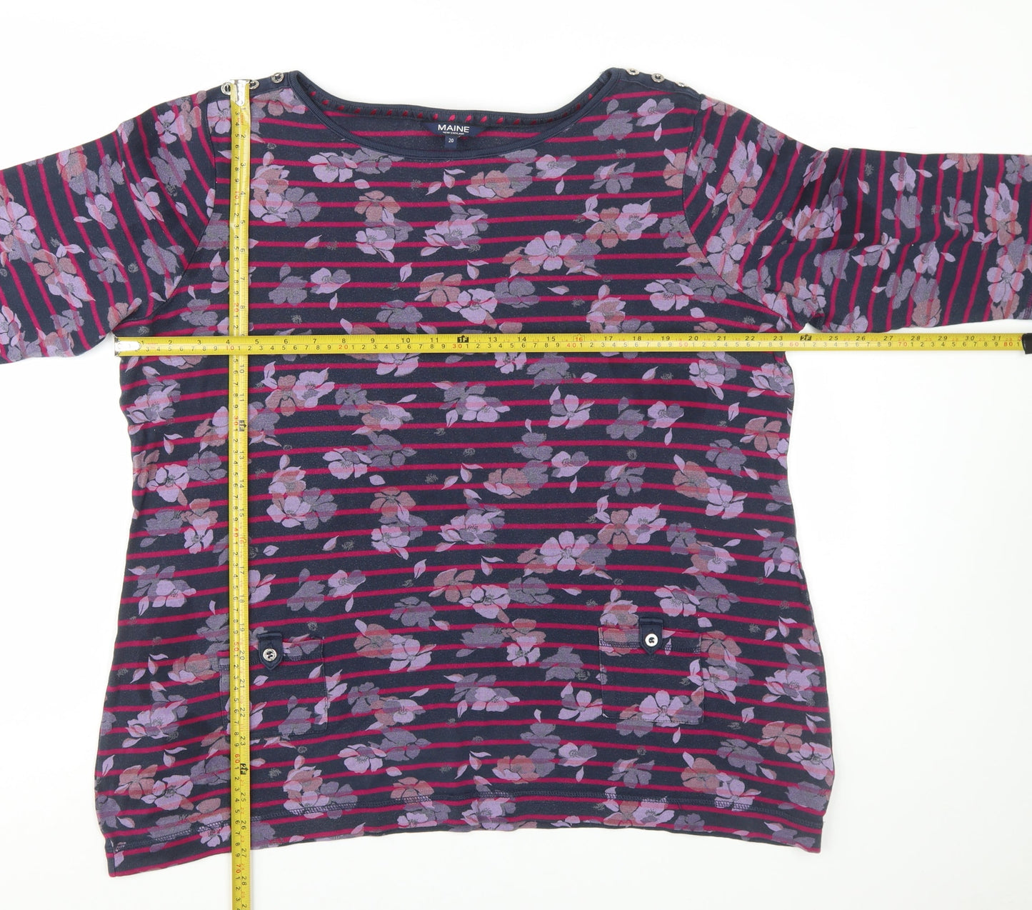 Maine New England Women's Multicoloured Floral Stripe 3/4 Sleeve Cotton Jersey T-Shirt Size 20