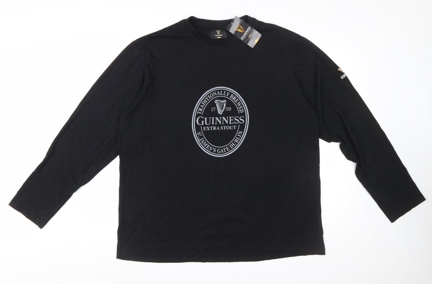 Guinness Men's Black Long Sleeve Cotton T-Shirt XL-2XL Beer Logo
