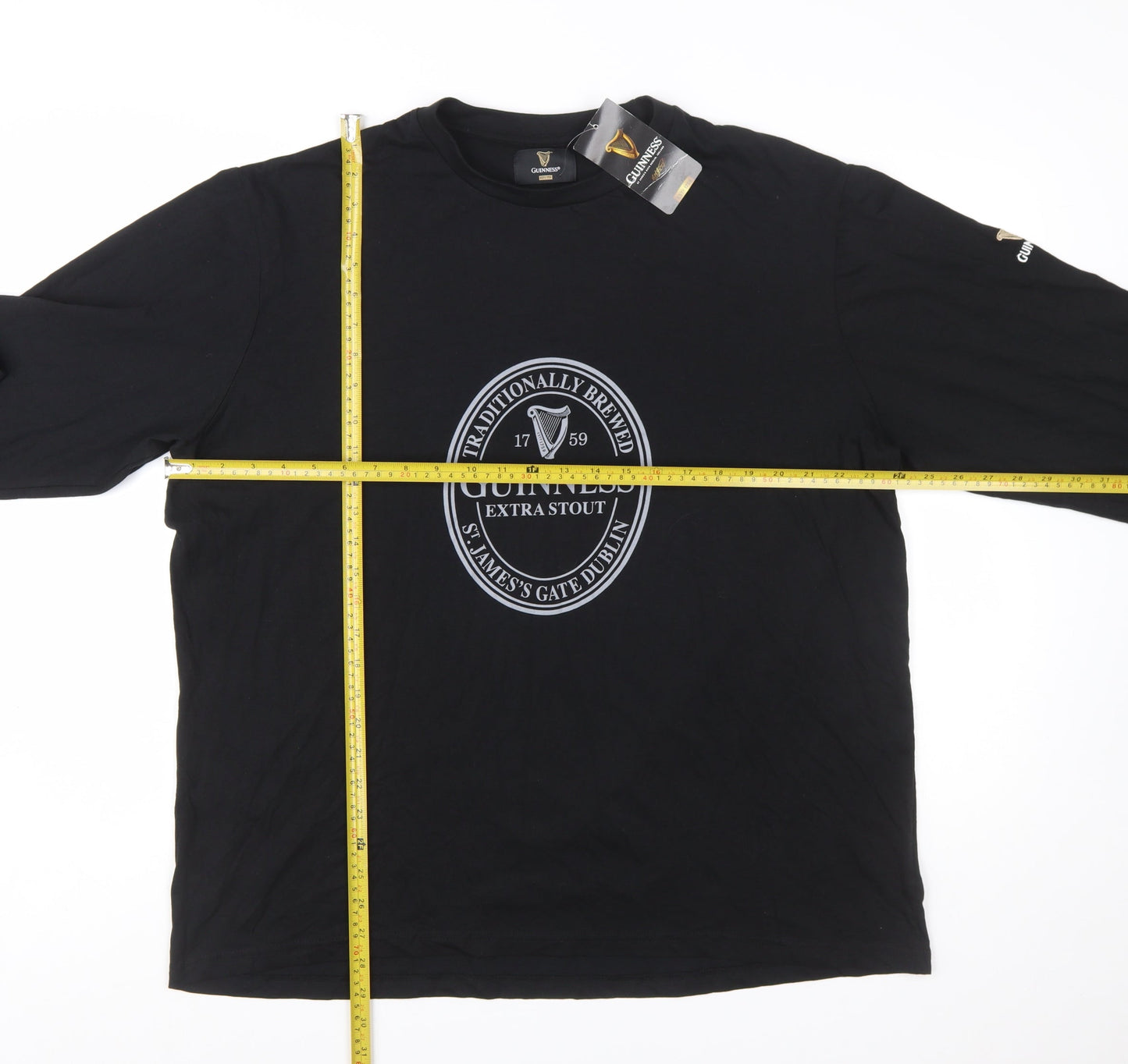 Guinness Men's Black Long Sleeve Cotton T-Shirt XL-2XL Beer Logo