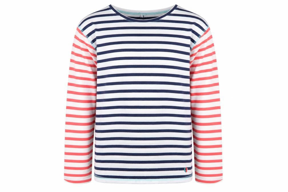 Front view of FatFace girls’ multicoloured striped long sleeve cotton t-shirt 10-11 years
