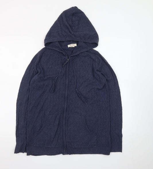 Fat Face Women's Blue Hooded Full Zip Cotton Wool Knit Jumper Size 12