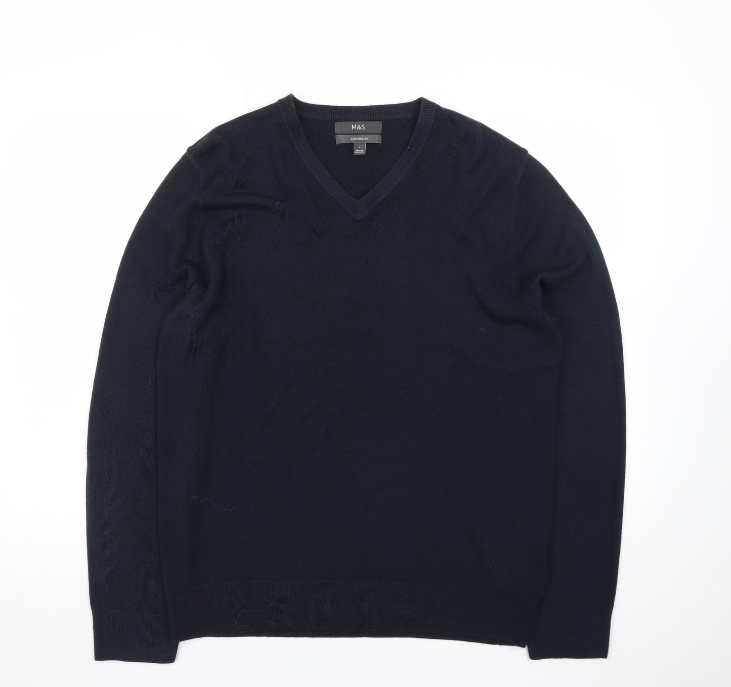 Marks and Spencer Men's Blue V-Neck Acrylic Jumper Size L