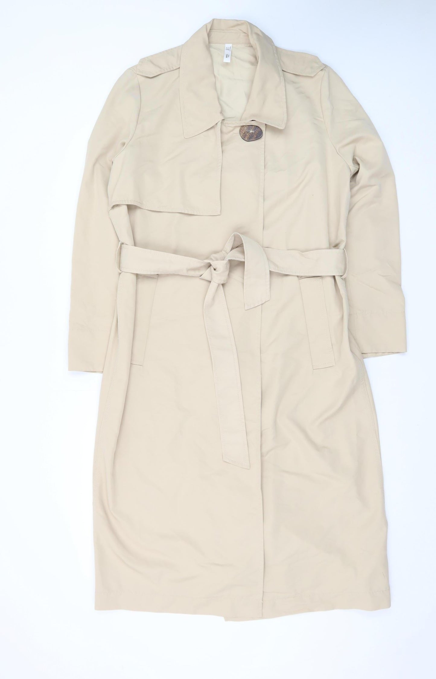 Mango Women’s Beige Cotton Long Trench Coat Size 10 Belted Classic