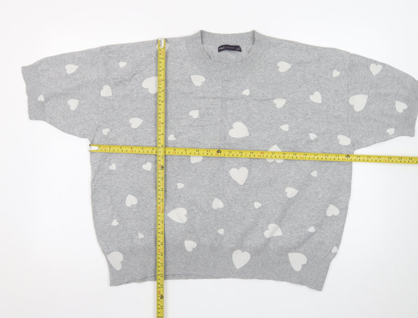 Marks and Spencer Women Grey Heart Print Short Sleeve Jumper XL