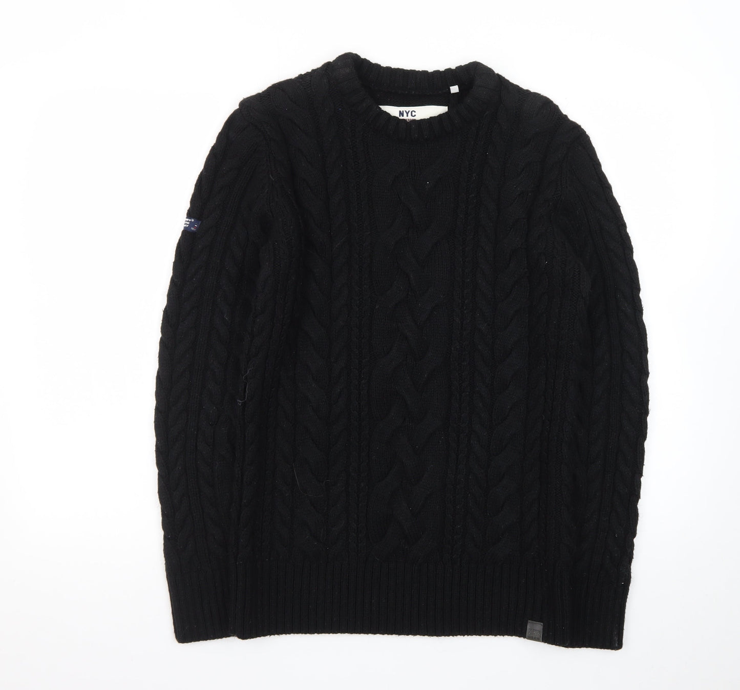 Superdry Men Black Cable-Knit Crew Neck Pullover Jumper M