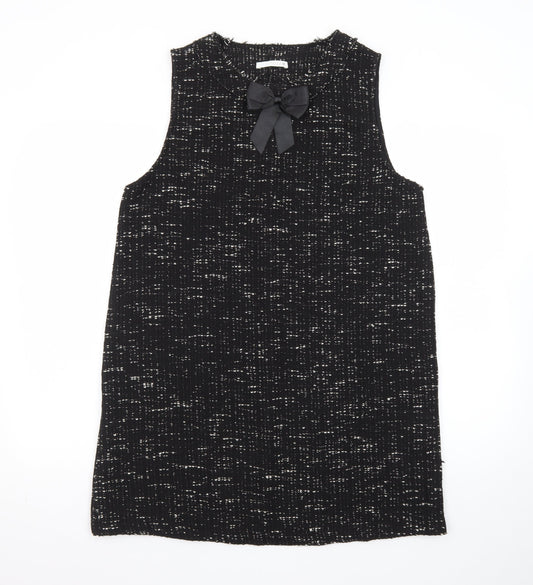 Zara Women Black Tweed Sleeveless Shift Dress L Classic Bow Detail