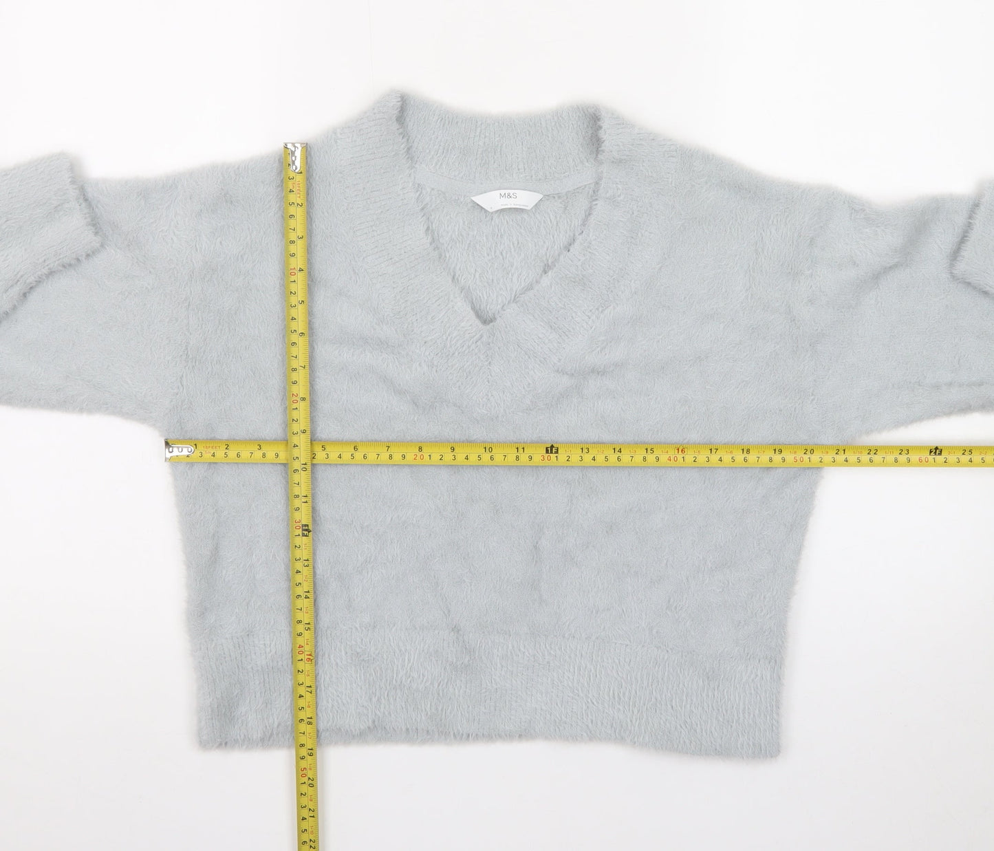 Marks and Spencer Women’s Grey V-Neck Fluffy Knit Pullover Jumper Size M