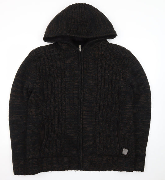 Cool Cat Men's Brown Full Zip Hooded Chunky Knit Jumper XXL