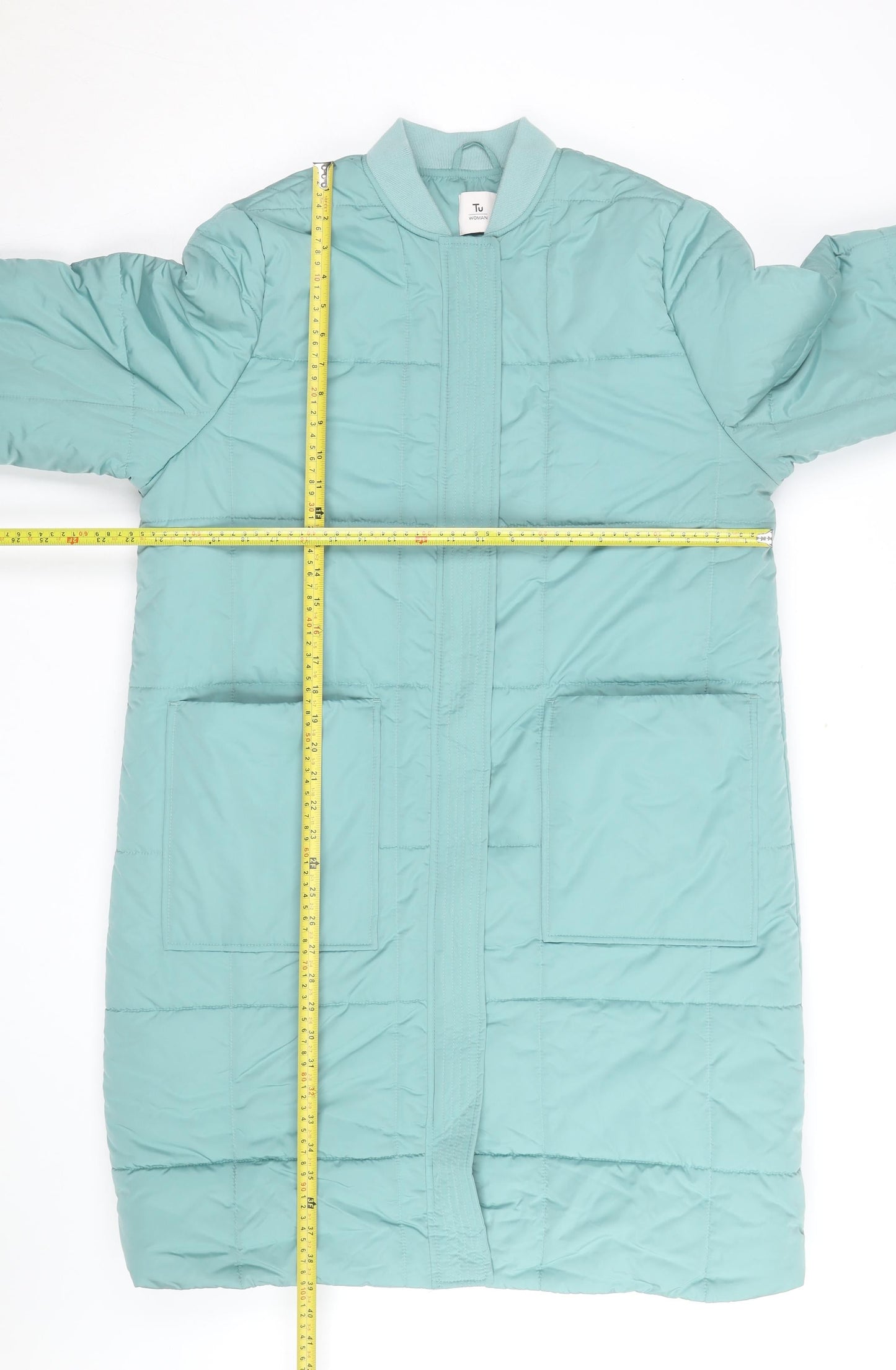 Tu Women Green Long Puffer Coat Size 14 Quilted Zip Winter Jacket