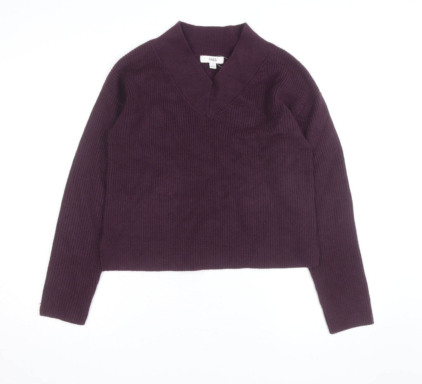 Marks and Spencer Women's Purple V-Neck Rib Knit Jumper Size S