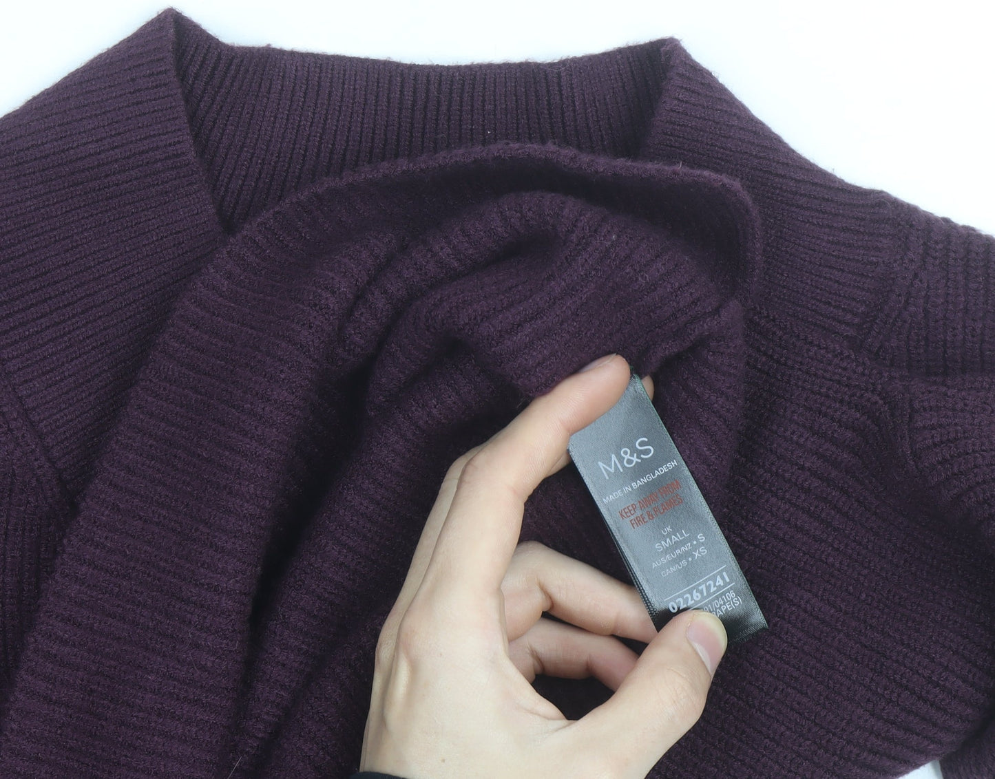 Marks and Spencer Women's Purple V-Neck Rib Knit Jumper Size S