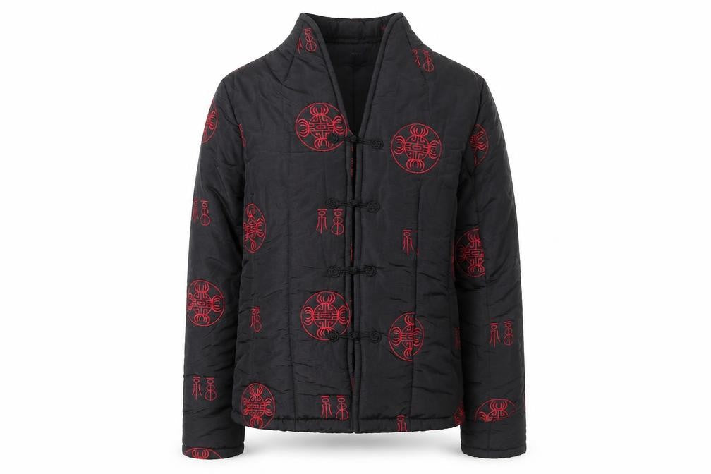 Forget-Me-Not Unisex Black Quilted Embroidered Cotton Jacket XS