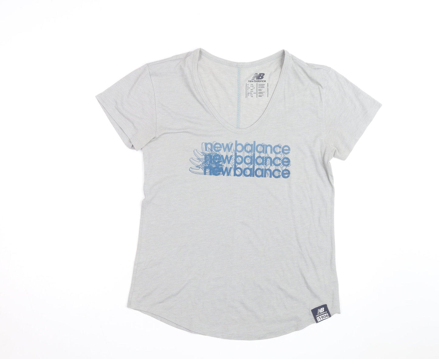 New Balance Womens Grey V-Neck Short Sleeve Cotton Blend T-Shirt Size 12