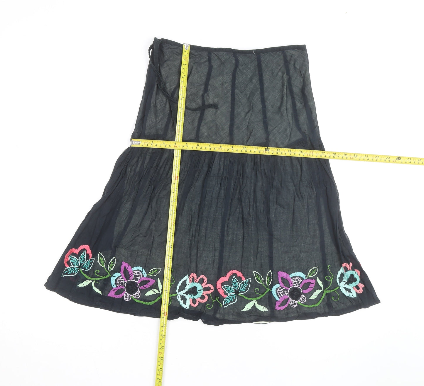 Monsoon Women's Black Embroidered Cotton Midi Peasant Skirt Size 14