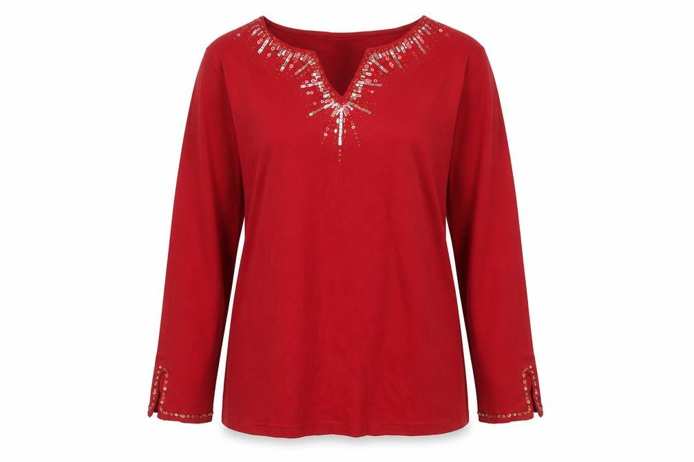 Quacker Factory Women Red Sequin Long Sleeve Cotton Tunic M