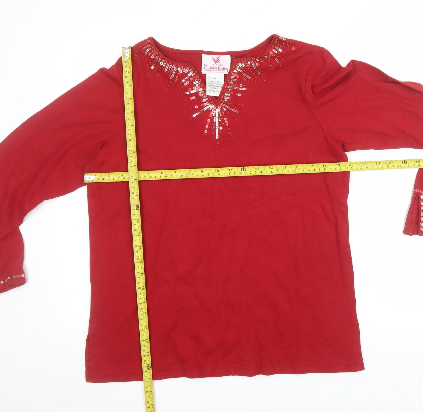 Quacker Factory Women Red Sequin Long Sleeve Cotton Tunic M