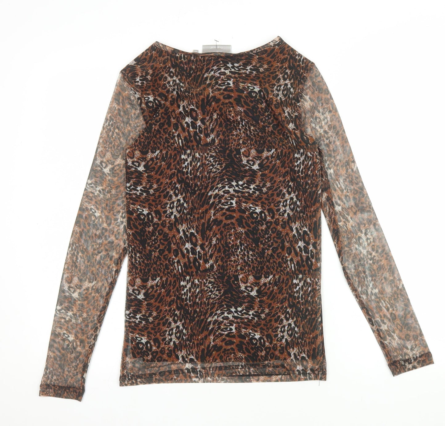 Fransa Women's Brown Animal Print Mesh Long Sleeve Top XS