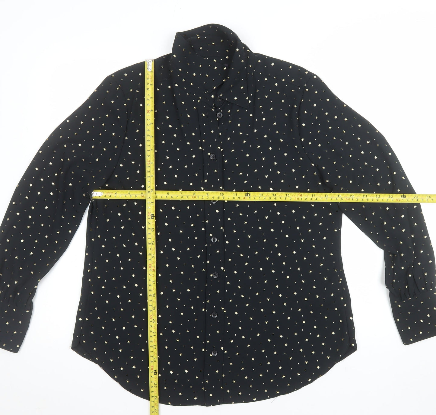Marks and Spencer Women Black Star Print Long Sleeve Button-Up Shirt Size 12
