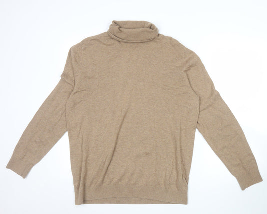 H&M Men’s Beige Slim Fit Roll Neck Jumper Size L Cotton Cashmere