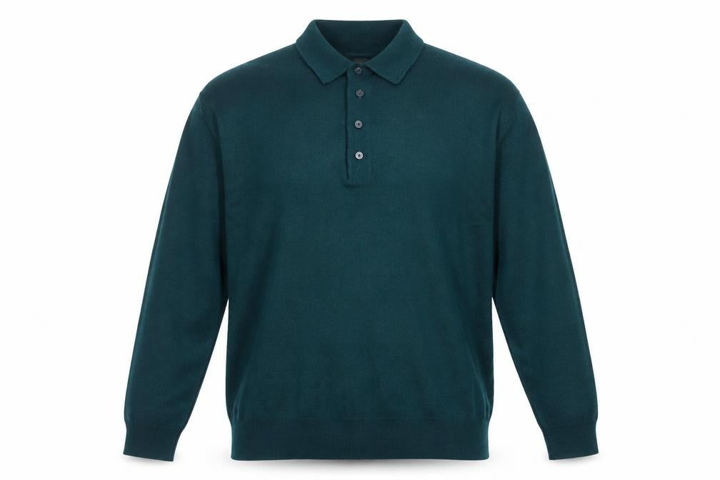 Pierre Sangan Men's Green Wool Blend Collared Henley Jumper L