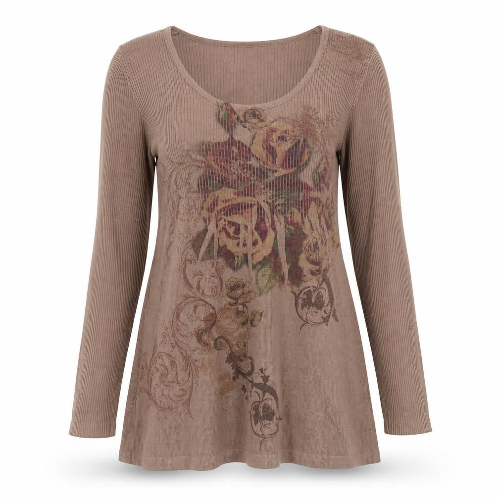 One World Womens Brown Floral Tunic Jumper Size M Scoop Neck Knit