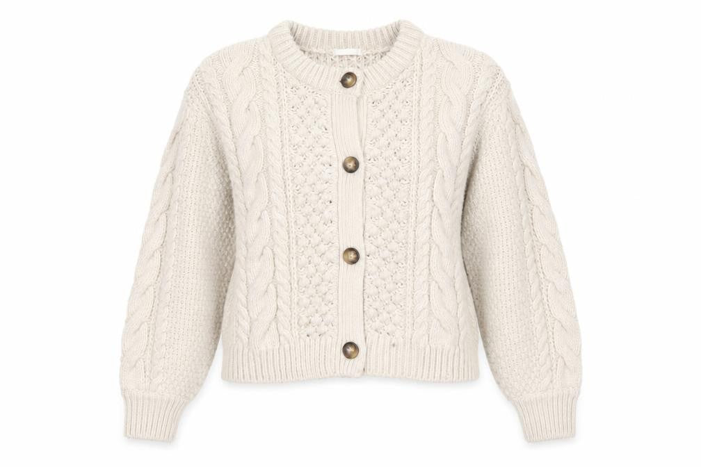 GU Womens Beige Cable Knit Button Cardigan M Chunky Knit Jumper