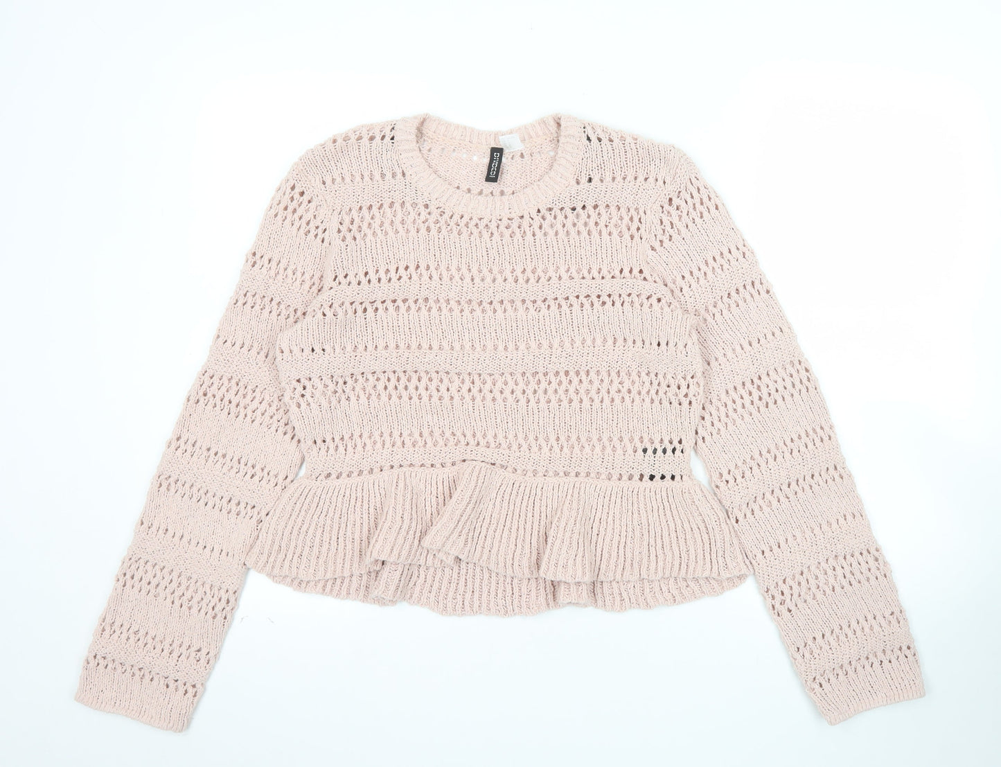 H&M Women Pink Open-Knit Cotton Jumper Size 12 Ruffle Hem Pullover