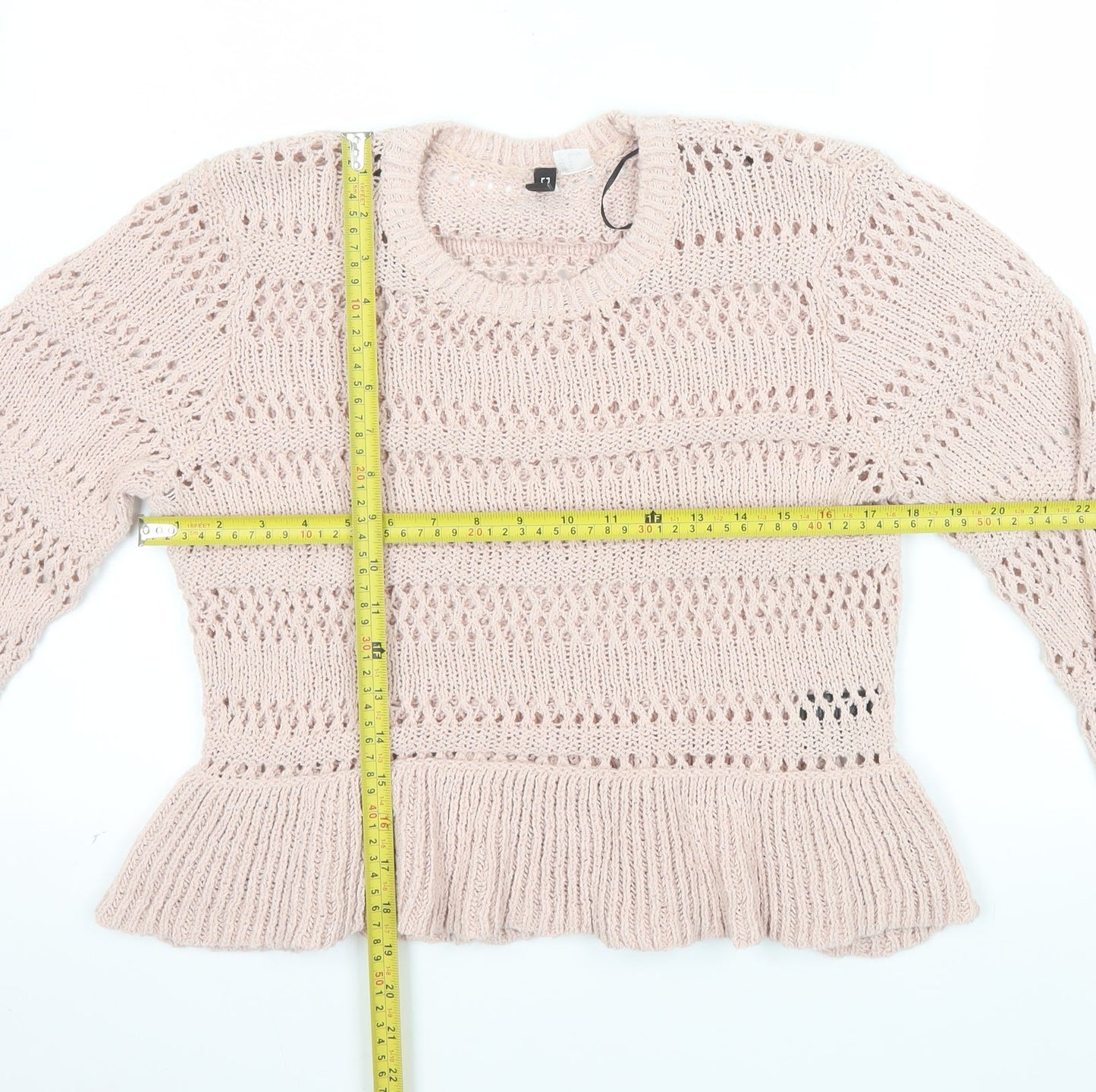 H&M Women Pink Open-Knit Cotton Jumper Size 12 Ruffle Hem Pullover