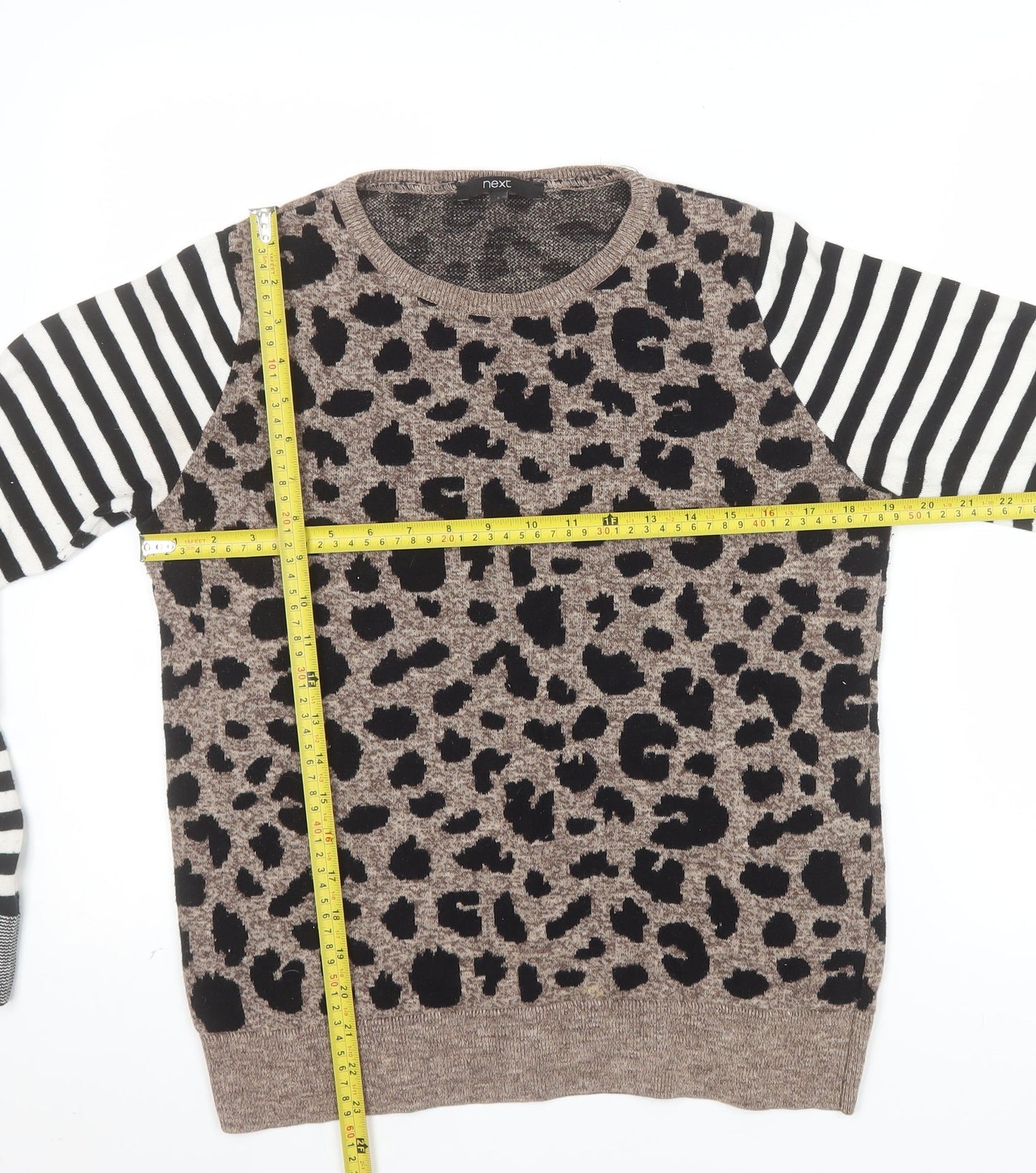 Next Womens Brown Leopard Print Striped Sleeve Jumper Size S