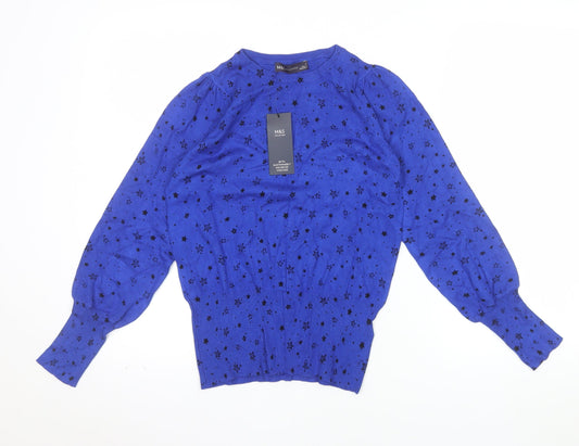 Marks and Spencer Women's Blue Star Print Pullover Jumper Size S