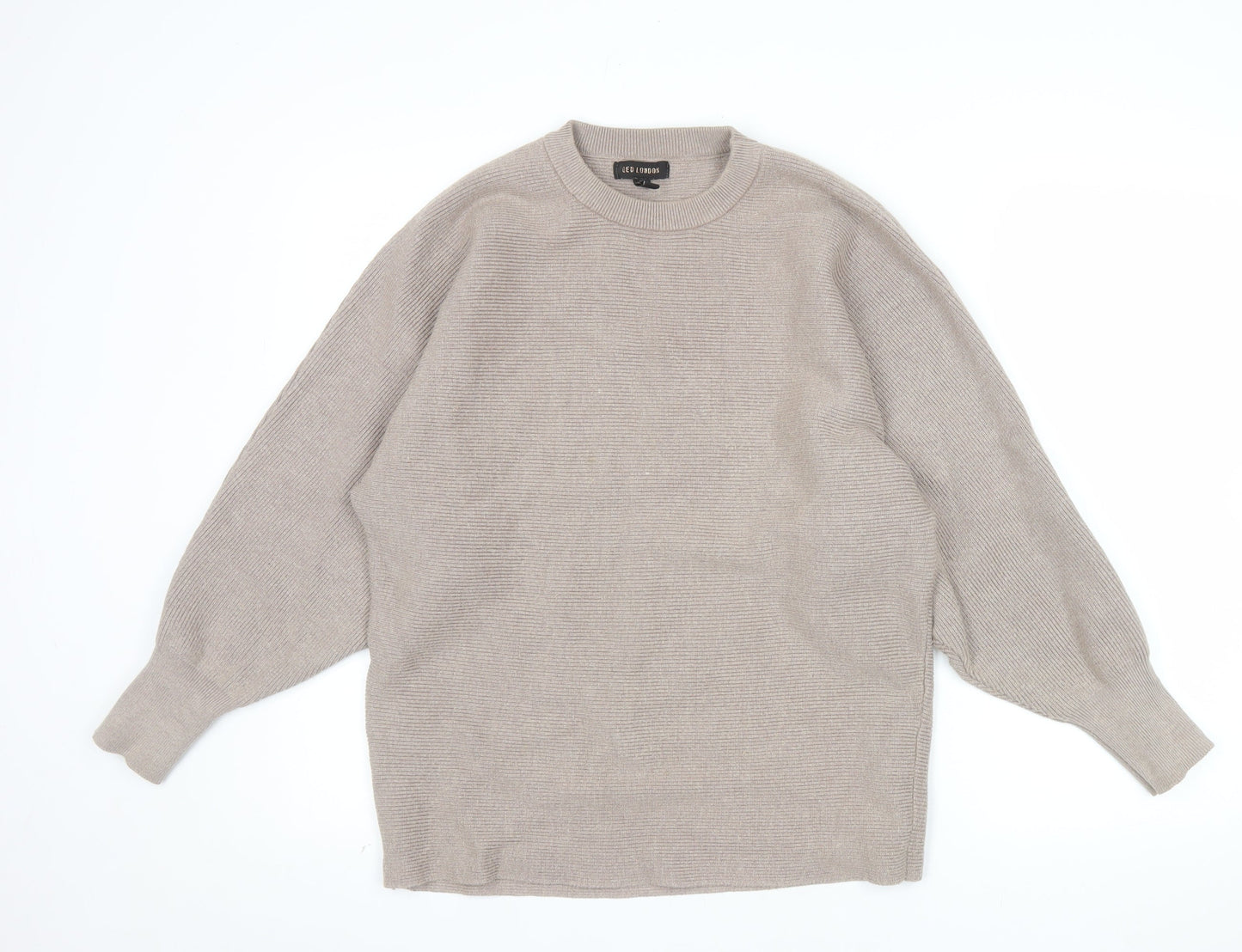 QED London Women's Beige Crew Neck Relaxed Fit Ribbed Knit Jumper S