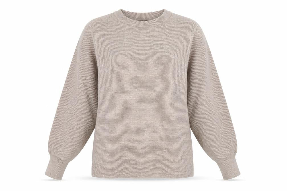 QED London Women's Beige Crew Neck Relaxed Fit Ribbed Knit Jumper S