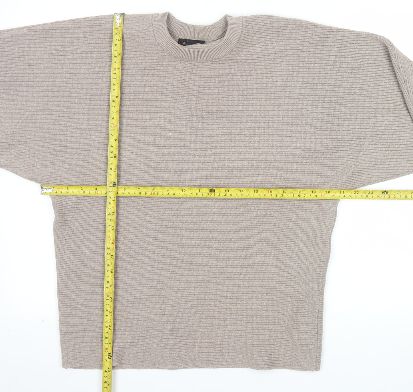 QED London Women's Beige Crew Neck Relaxed Fit Ribbed Knit Jumper S